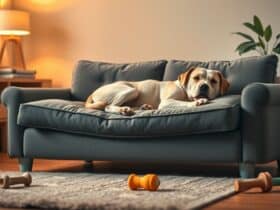 Een oudere hond ontspant op een comfortabele orthopedische bank in een gezellige woonkamer.