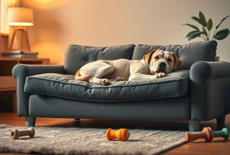 Een oudere hond ontspant op een comfortabele orthopedische bank in een gezellige woonkamer.