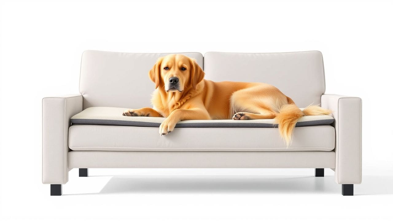 Een comfortabele gouden retriever rust op een MaxxNobel orthopedische bank in moderne stijl. Een comfortabele gouden retriever rust op een MaxxNobel orthopedische bank in moderne stijl.