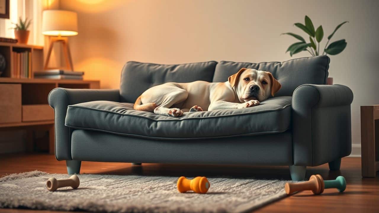 Een oudere hond ontspant op een comfortabele orthopedische bank in een gezellige woonkamer.