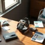 Een tafel met medische benodigdheden en orthopedische brace.