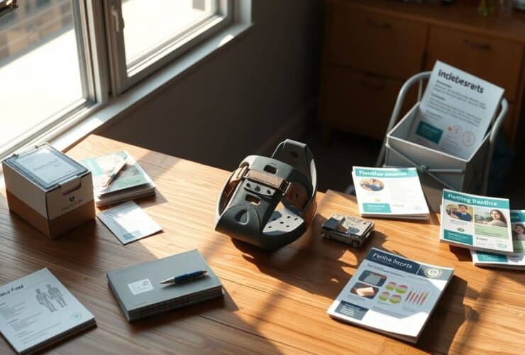 Een tafel met medische benodigdheden en orthopedische brace.