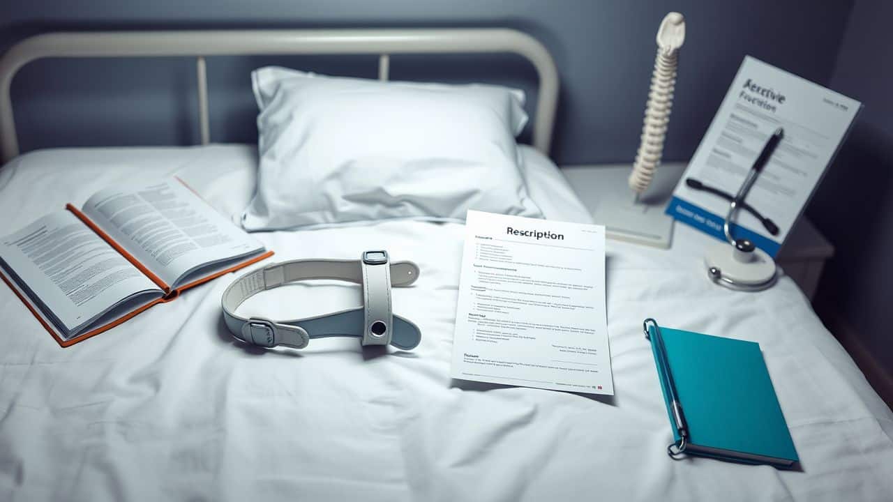 Een orthopedische brace en doktersvoorschrift op een bed met medische boeken en een ruggenmergmodel. Een orthopedische brace en doktersvoorschrift op een bed met medische boeken en een ruggenmergmodel.
