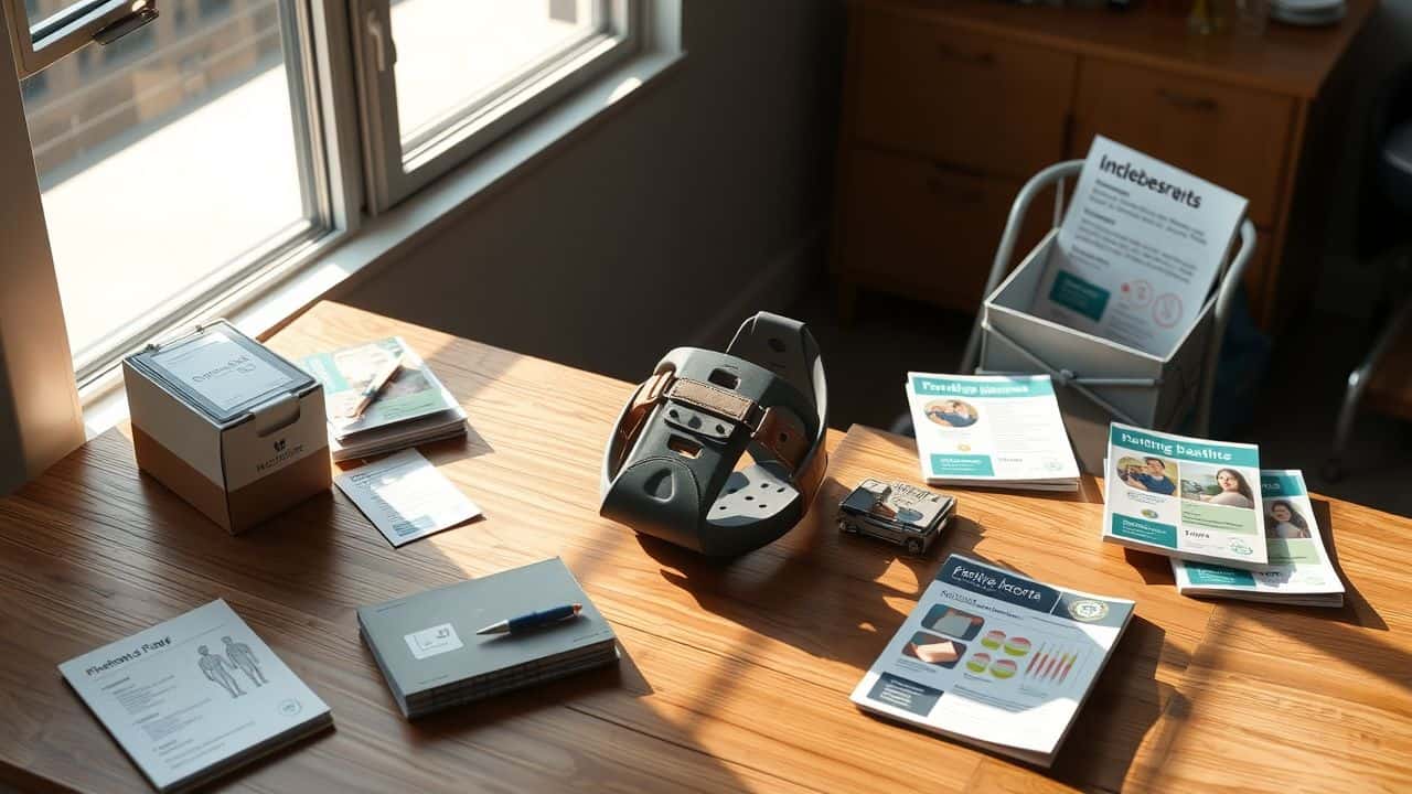 Een tafel met medische benodigdheden en orthopedische brace.