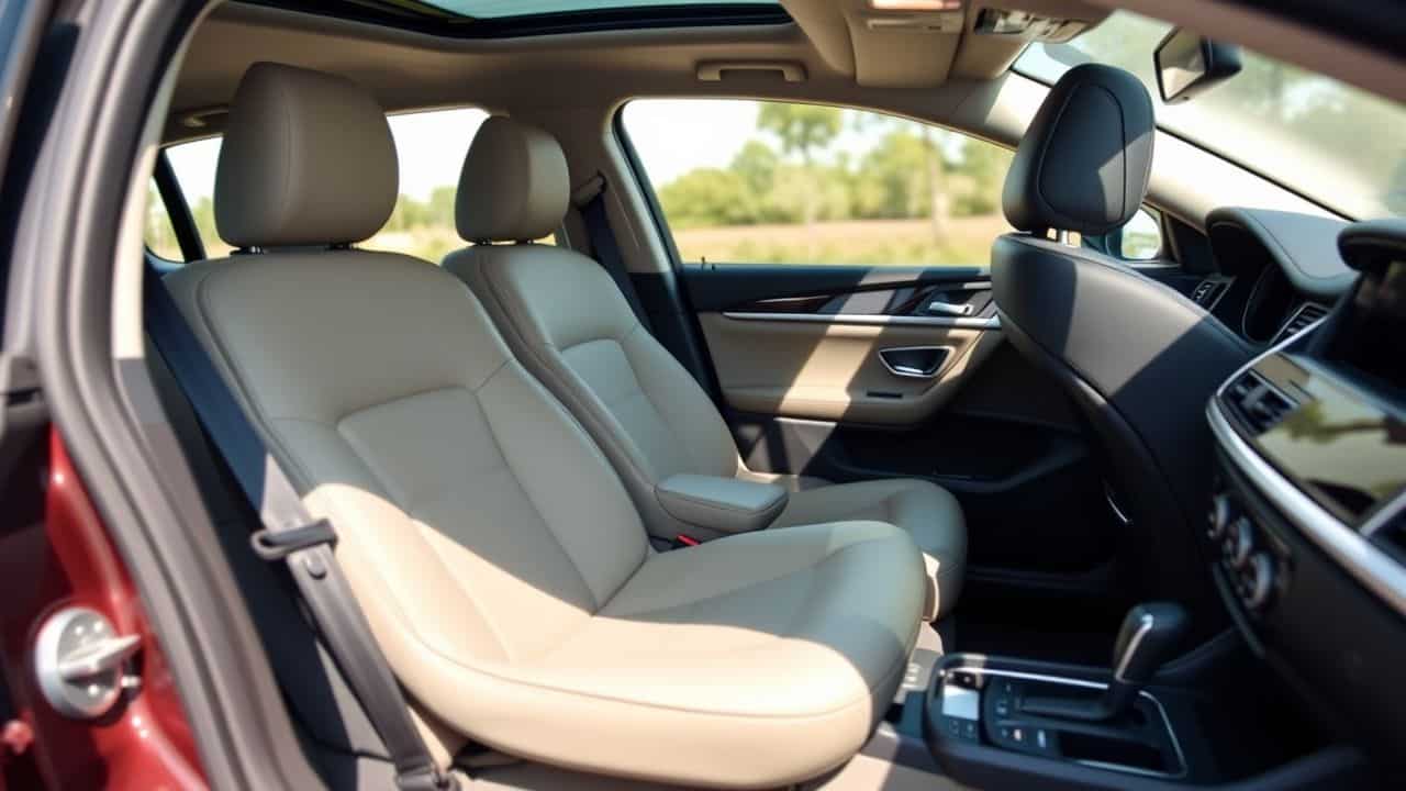 Een orthopedisch autostoelkussen voor rugondersteuning in een luxe auto. Een orthopedisch autostoelkussen voor rugondersteuning in een luxe auto.