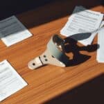 Een orthopedische brace ligt op een tafel tussen medische documenten.