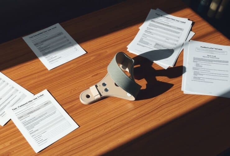 Een orthopedische brace ligt op een tafel tussen medische documenten.