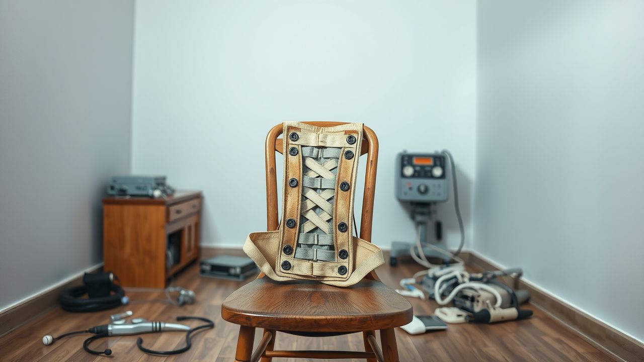 Een oude orthopedische rugbrace rust op een houten stoel in een verlaten kamer.