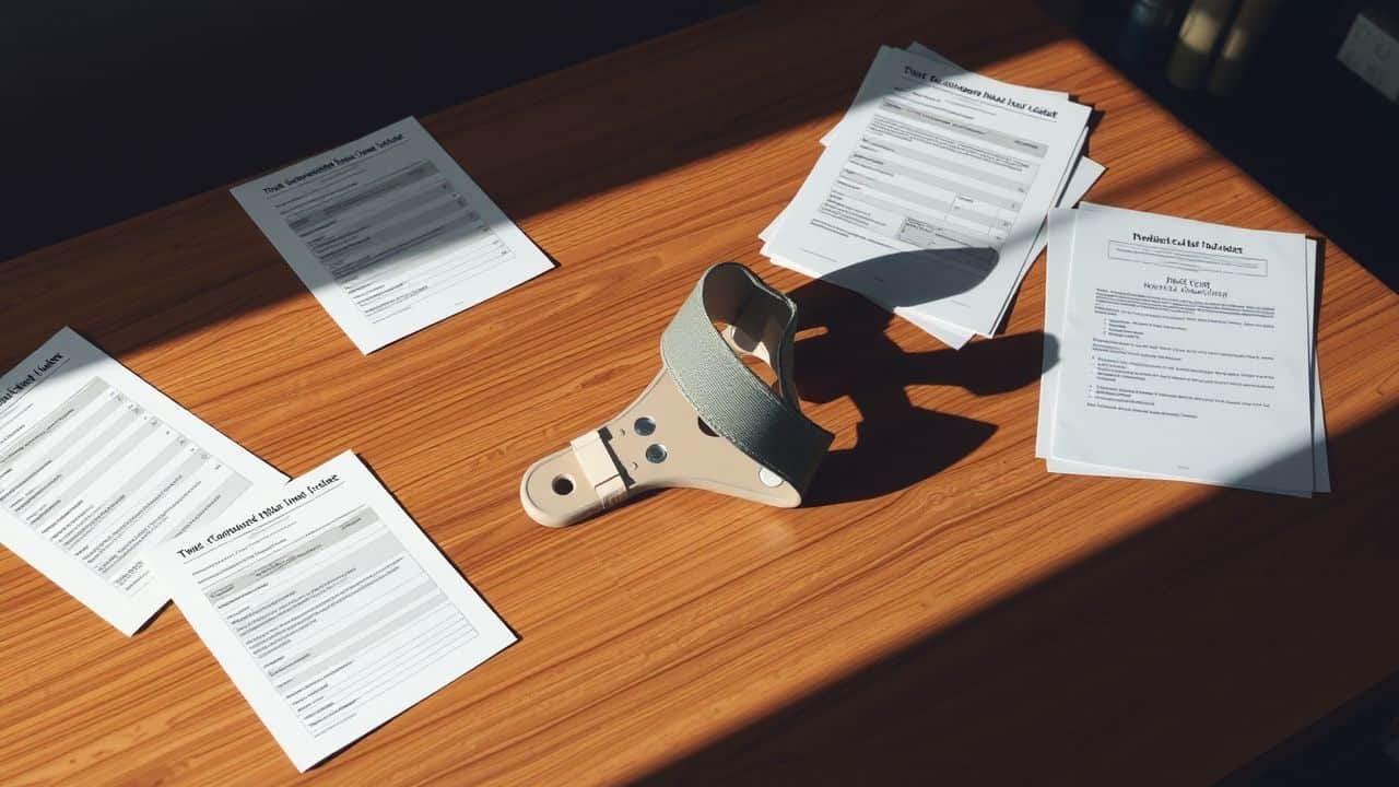 Een orthopedische brace ligt op een tafel tussen medische documenten.