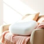 Een orthopedisch draaikussen omringd door kussens en een deken.