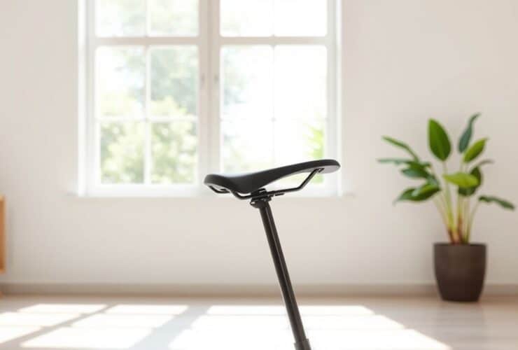 Een ergonomisch orthopedisch fietszadel op een moderne fietsstoel in een goed verlichte kamer.