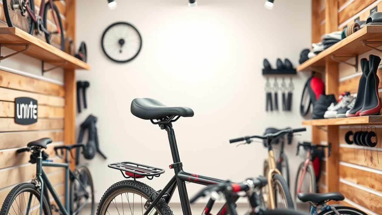 Een comfortabel orthopedisch fietszadel wordt tentoongesteld in een gezellige fietsenwinkel.