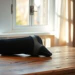 Een orthopedische kniebrace rust op een houten tafel.