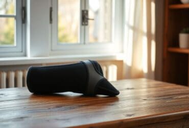 Een orthopedische kniebrace rust op een houten tafel.