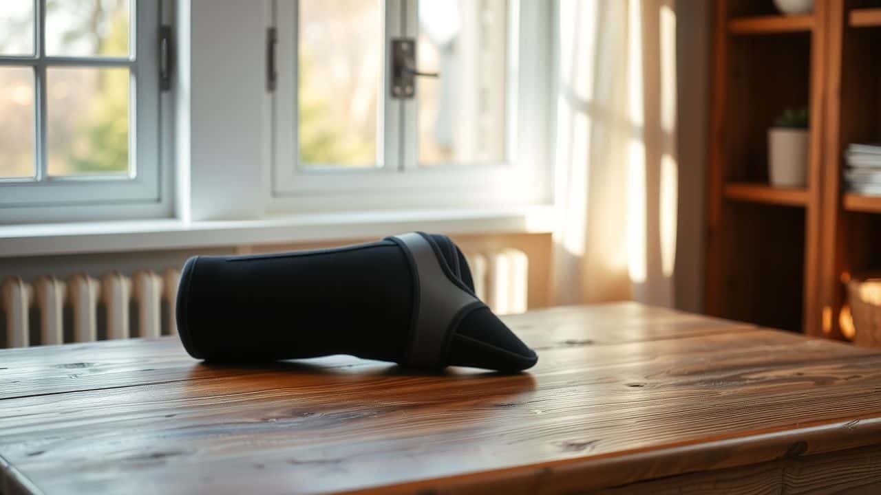 Een orthopedische kniebrace rust op een houten tafel.