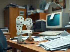 Een rommelig bureau met een orthopedische brace.