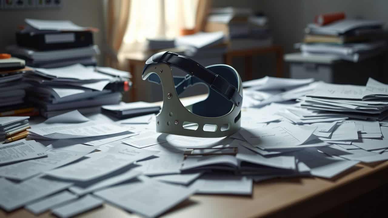 Een rommelig bureau met een orthopedische brace en papieren. Een rommelig bureau met een orthopedische brace en papieren.