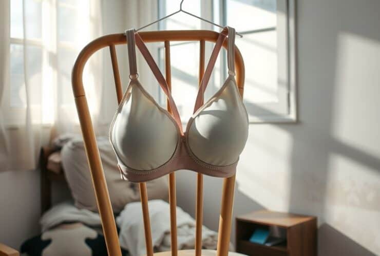 Een orthopedische beha hangt aan een stoel in een rommelige slaapkamer.