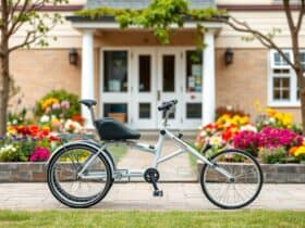 Een orthopedische driewieler bij een rustig verpleeghuis, omgeven door een levendige tuin.