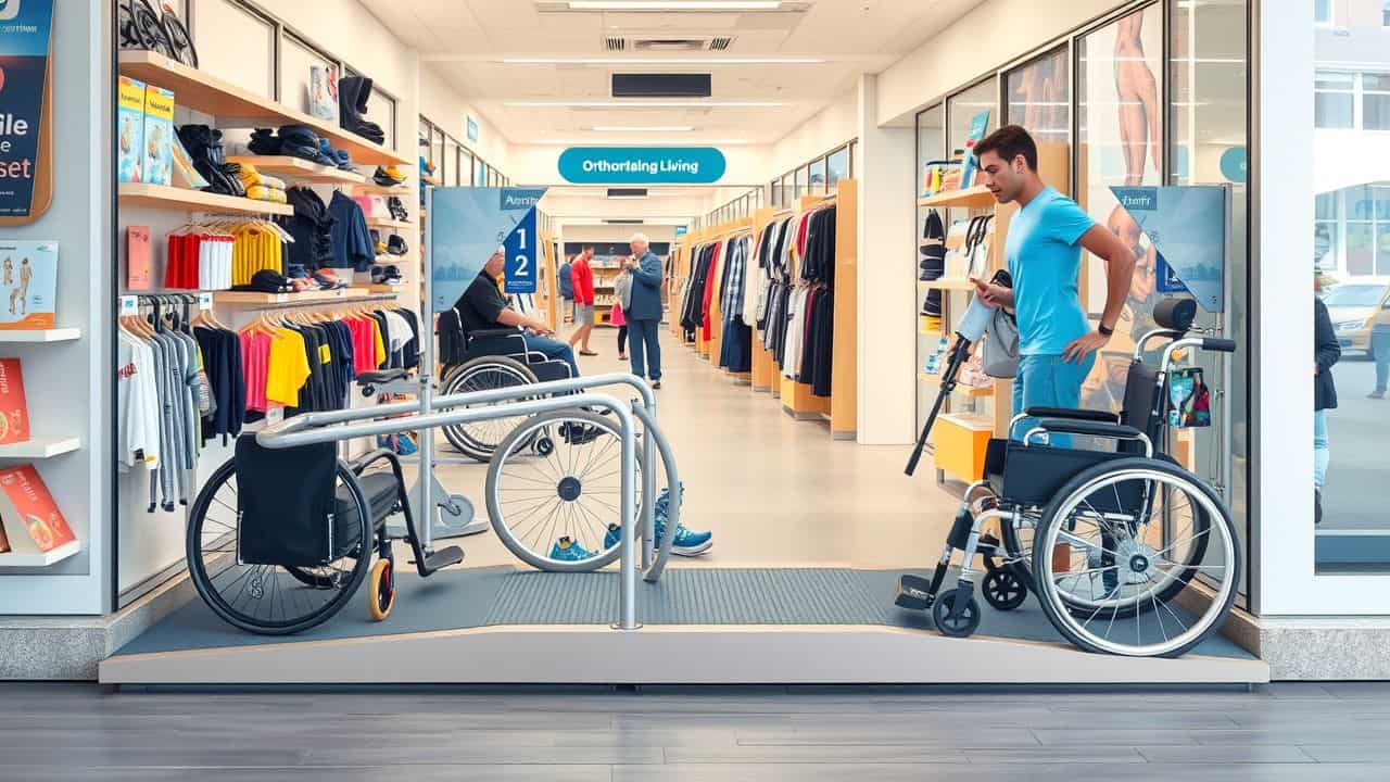 Een rolstoeltoegankelijke oprit bij een drukke winkel in Arnhem, uitgerust met orthopedische hulpmiddelen.
