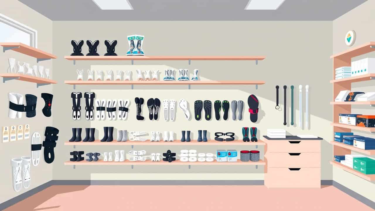 Een netjes georganiseerde orthopedische kliniek in Arnhem met braces en mobiliteitshulpmiddelen.