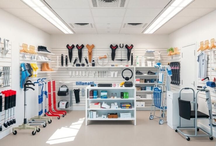 Een orthopedische ondersteuningswinkel in Den Bosch toont verschillende medische hulpmiddelen voor mobiliteitsproblemen.