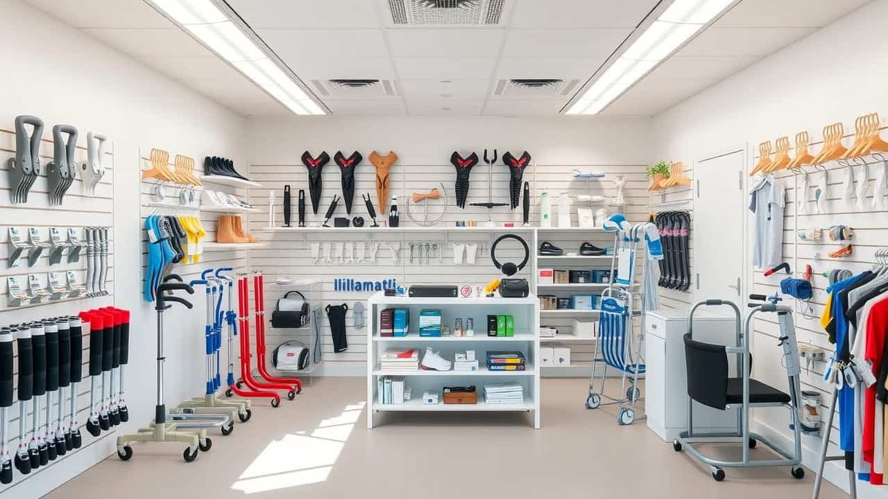 Een orthopedische ondersteuningswinkel in Den Bosch toont verschillende medische hulpmiddelen voor mobiliteitsproblemen.