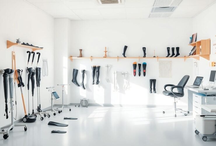 Een orthopedische kliniek met medische apparatuur en prothetische ledematen.
