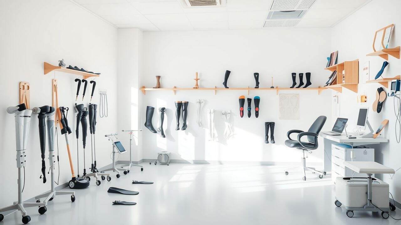 Een orthopedische kliniek met medische apparatuur en prothetische ledematen.