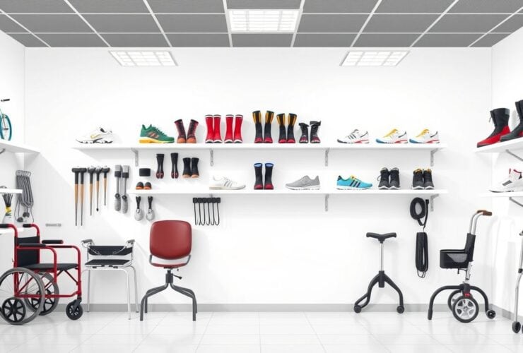 Een goed georganiseerde orthopedische kliniek met verschillende mobiliteitshulpmiddelen.