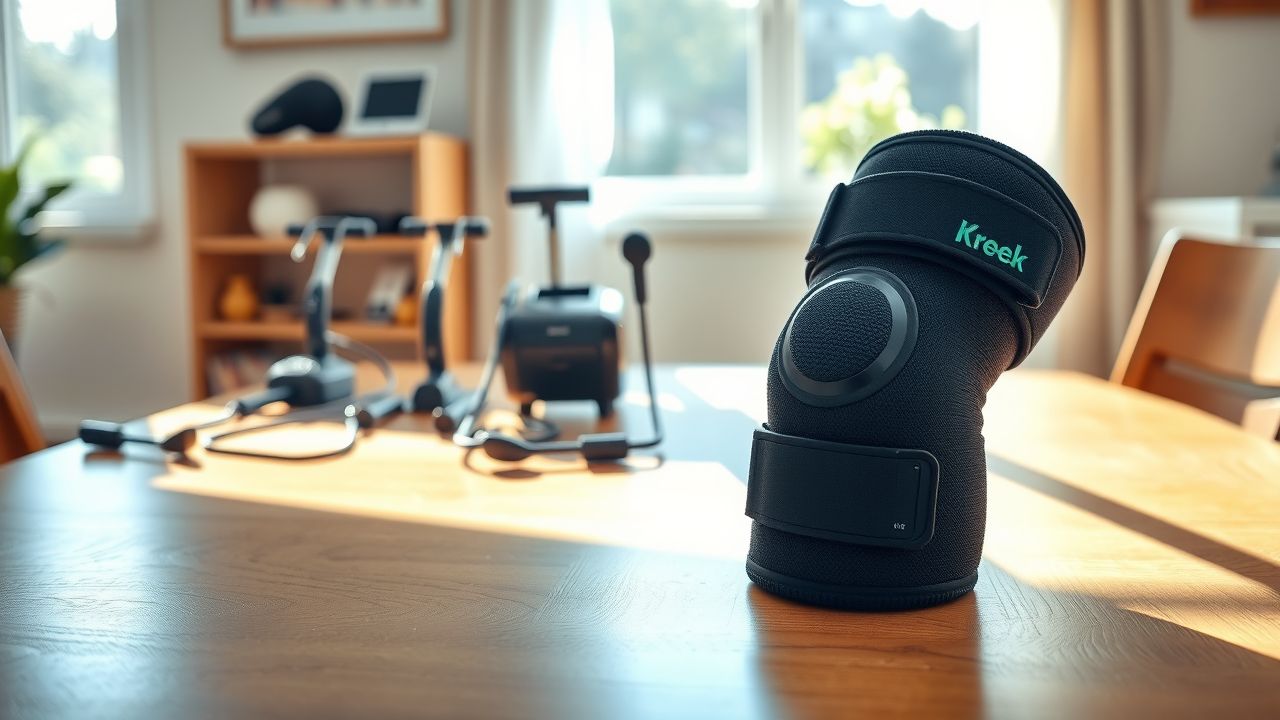 Een sterke knieondersteuning op een tafel, omringd door orthopedische apparaten.