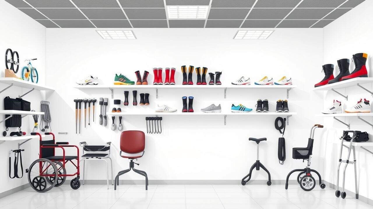Een goed georganiseerde orthopedische kliniek met verschillende mobiliteitshulpmiddelen.