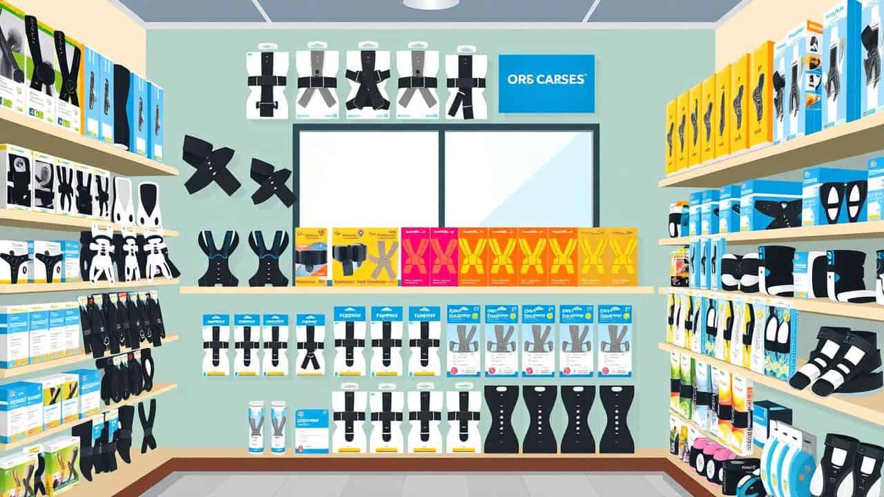 Een assortiment van orthopedische braces en ondersteuningen in een medische winkel.