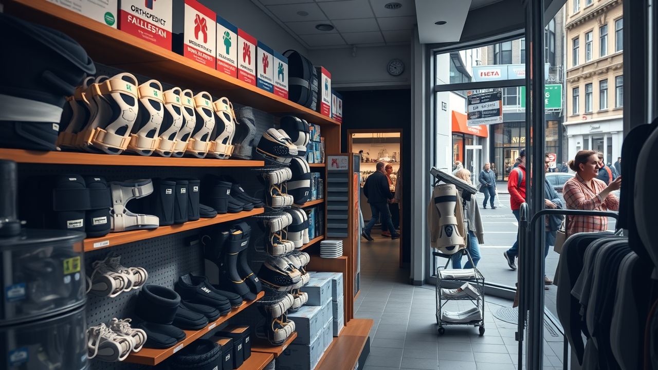 Een orthopedische winkel in Haarlem met een verscheidenheid aan beugels en ondersteuningen.