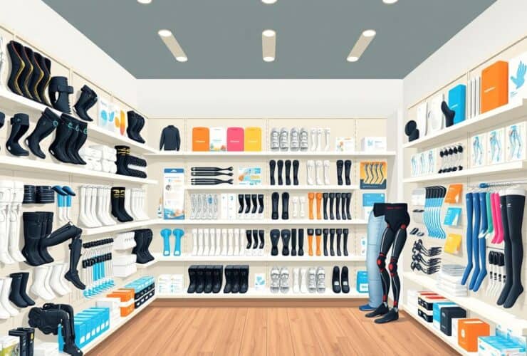 Een goed verlichte orthopedische winkel in Tilburg met een divers assortiment aan mobiliteits hulpmiddelen.