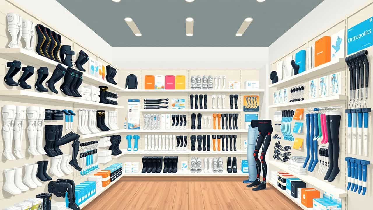 Een goed verlichte orthopedische winkel in Tilburg met een divers assortiment aan mobiliteits hulpmiddelen.