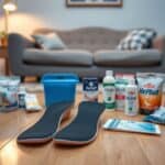 Een verzameling van orthopedische inlegzolen en pijnverlichtingsproducten op een houten vloer in een gezellige woonkamer.