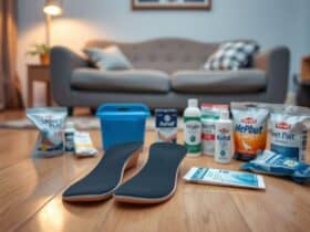 Een verzameling van orthopedische inlegzolen en pijnverlichtingsproducten op een houten vloer in een gezellige woonkamer.