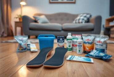 Een verzameling van orthopedische inlegzolen en pijnverlichtingsproducten op een houten vloer in een gezellige woonkamer.