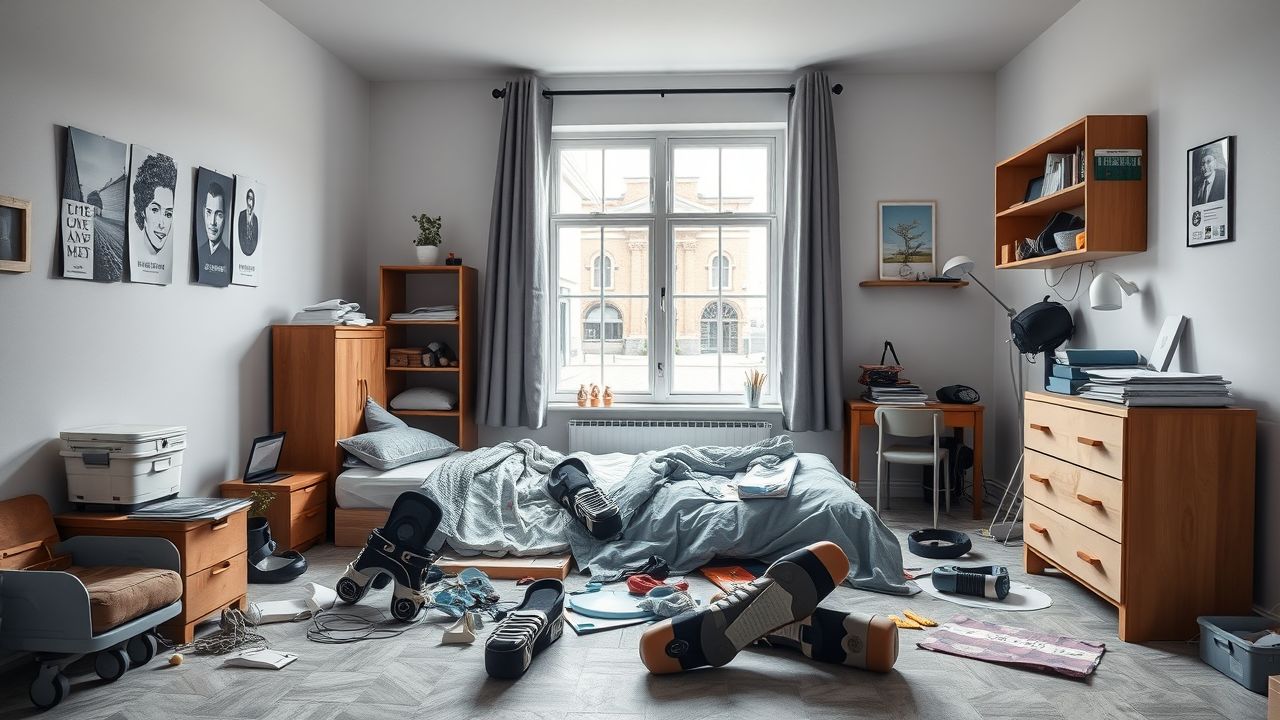 Een rommelige slaapkamer met medische hulpmiddelen en uitzicht op straat.