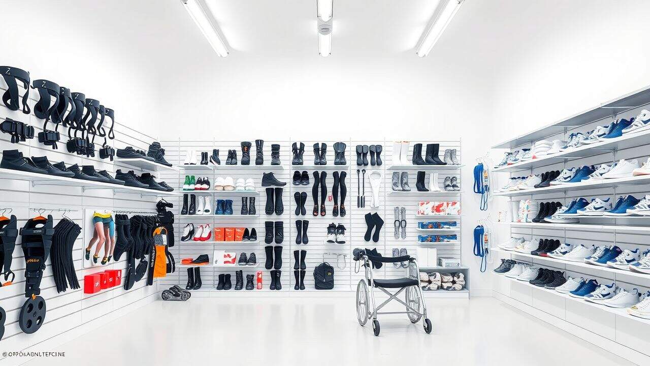 Een orthopedische schoenenwinkel met hulpmiddelen voor mobiliteit en beugels.