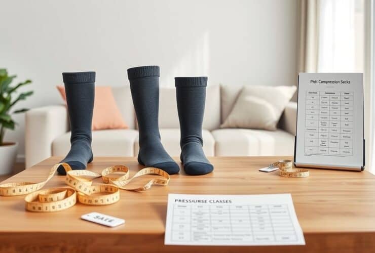 Orthopedische compressiesokken worden gepresenteerd op een houten tafel.