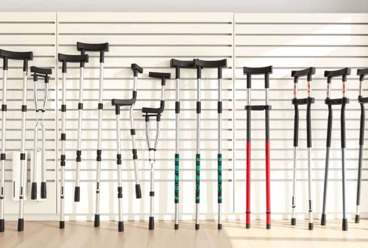 Een verscheidenheid aan orthopedische krukken tentoongesteld in een medische apparatuurwinkel.