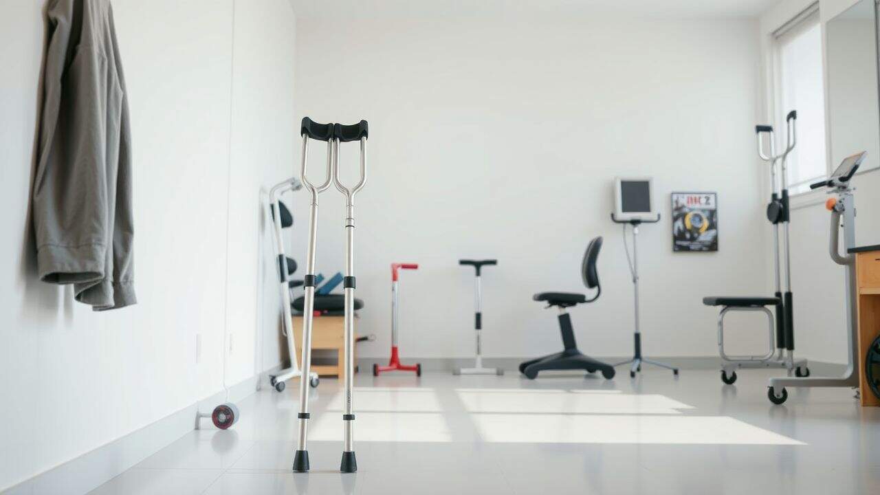 Een paar orthopedische krukken in een fysiotherapie ruimte. Een paar orthopedische krukken in een fysiotherapie ruimte.