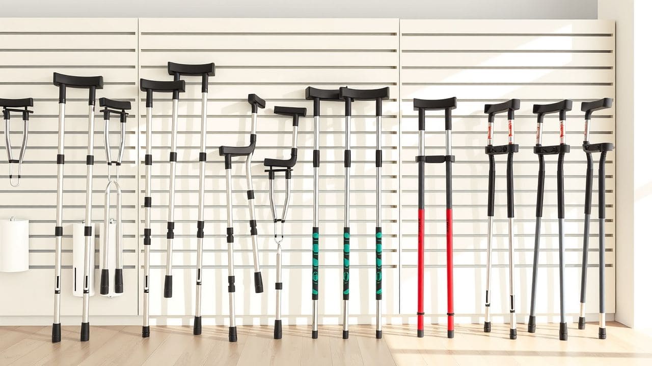 Een verscheidenheid aan orthopedische krukken tentoongesteld in een medische apparatuurwinkel.