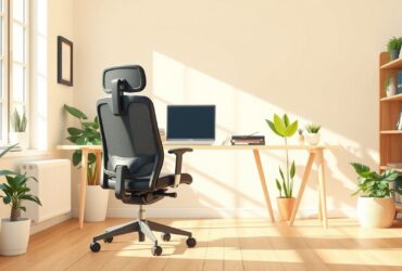 Een comfortabele orthopedische bureaustoel in een gezellig thuiskantoor.