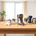 Een opgeruimde kliniekruimte met orthopedische beugels op een houten tafel.