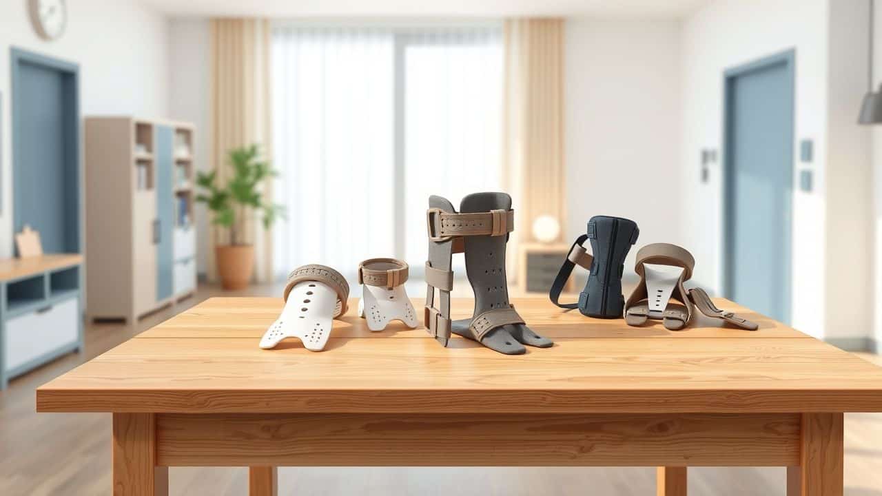 Een opgeruimde kliniekruimte met orthopedische beugels op een houten tafel.